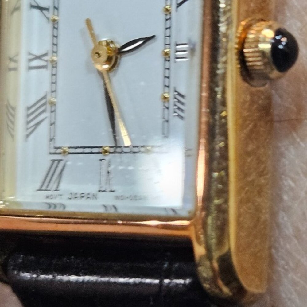 Seiko Women's Tank Watch w/ White Face & Black Leather Strap, Cabuchon stem - Picture 5 of 11